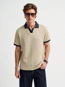 MENRIVO Camisa Polo Casual de Manga Curta com Contraste de Cor para Homens - Caqui - Visão 2
