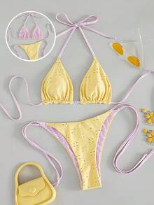 Swim Mod Đồ bơi liền thân thời trang dành cho nữ, bikini dệt kim jacquard mới với họa tiết sọc, đồ bơi 2 mảnh cho bãi biển, đảo, tiệc bể bơi, phong cách cô gái ngọt ngào, màu vàng nhạt tươi mát mùa xuân và hè, bikini hoa vàng dễ thương cho kỳ nghỉ biển của nữ, mùa hè bội thu vui vẻ. - Nhiều màu - Xem 3