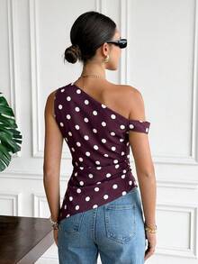 Serisse Women's Casual Polka Dot Print Asymmetrical Shoulder T-Shirt, Summer,Summer Top - Coffee Brown - View 2