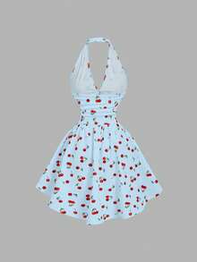 MOD Vestido de mujer con cuello halter, cintura fruncida y estampado de cerezas - Azul - Ver 6