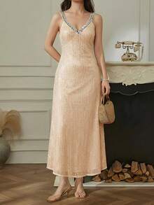 Dazy-Less Robe sequin élégante, coupe slim, convient pour le printemps/été, mariages, fêtes, événements formels, robe de jour pour le travail - Nude - Voir 1