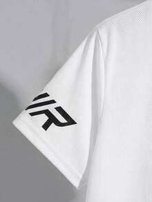 SHEIN 2pcs Tween Boy Splice Sports Textured Vertical Stripe Pattern Short Sleeve T-Shirt And Shorts Set - Black and White - View 7