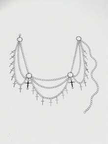 ROMWE 1-Piece Women's Silver Multi-Layer Chain Waist Chain Daily Wear Optional Party Wear Punk Style Goth Style Ins Style Waist Chain Oil Drop Rhinestone Cross Circle Multi-Layer Chain Decorative Aluminum Alloy Multi-Layer Chain Waist Chain - Silver oil cross multi-layer chain waist chain - View 2