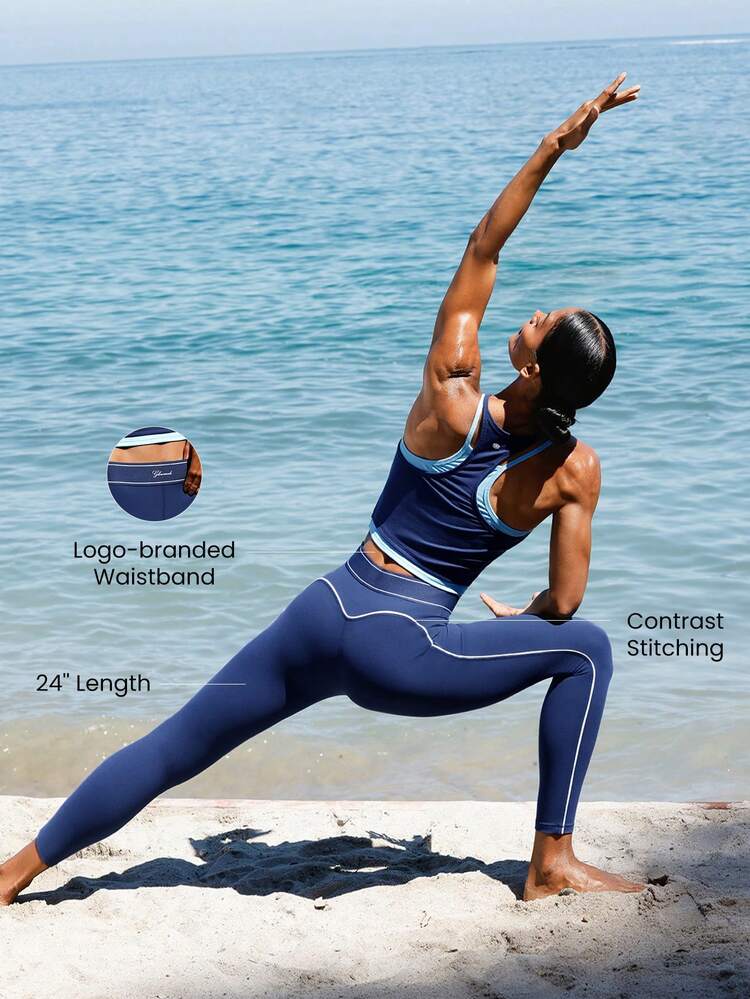 24" FeatherFit™ Getaway Glow Logo Branded Waistband Contrast Stitching Leggings Low Impact Vacation Holiday Summer Travel Beach Daily Casual Wear