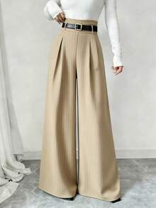 Selianne 女士新款藏蓝色条纹西装裤，高腰优雅时尚褶裥松紧腰宽松阔腿休闲裤，适合春秋季穿着，日常通勤百搭。 - 卡其色 - 查看 5