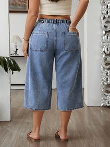 SHEIN CURVE+ Quần jeans nữ cỡ lớn, cạp chun, túi, dáng rộng, dài đến 3/4, thích hợp cho mùa hè, lễ hội, đi làm, nghỉ mát, tốt nghiệp, phong cách Y2K, dễ thương, thời trang đường phố, dự tiệc, đám cưới, thanh lịch, công sở, thường ngày, đi biển, lễ Phục sinh, thời trang nữ, quần denim xanh dương, cạp chun, cạp chun, cạp chun, ống rộng lửng, có túi phía trước, quần jeans nữ màu xanh nhạt, ống rộng lửng, cạp chun, đường may tương phản. - Màu xanh lam - Xem 3