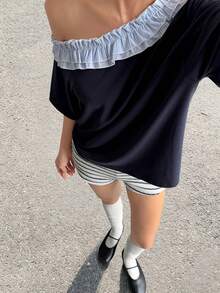 DAZY Women's Casual Frill Trim Asymmetrical Shoulder Short Sleeve T-Shirt, Summer - Navy Blue - View 8