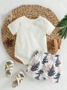 SHEIN Playful Pals 男女通用婴儿幼儿0-3岁热带树叶印花连体衣套装，宽松版型，适合外出、休闲和运动，婴儿夏季服装 - 米色 - 查看 2