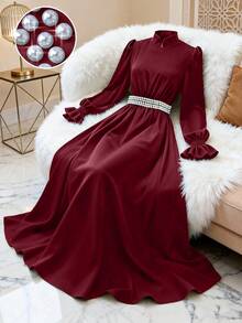 GlowEve Robe longue évasée avec manches évasées et décoration de perles à la taille, élégante pour les déplacements quotidiens, la mode, les vacances, le style de rue français, polyvalente, convenant pour la Saint-Valentin, les fêtes, le Nouvel An. Vert émeraude, nouvelle arrivée pour le début du printemps/automne-hiver, robe à manches longues - Rouge foncé - Voir 4
