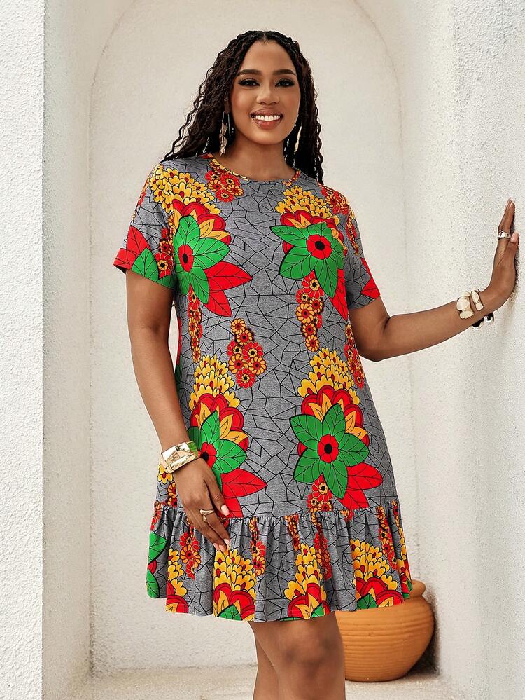 Plus Size Women Floral Print Round Neck Short Sleeve Casual Dress