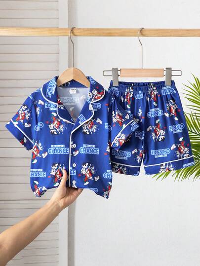 Bộ đồ ngủ satin in hình hoạt hình cho bé trai, bộ đồ ngủ lụa cho bé trai, bộ đồ ngủ bằng lụa cho bé trai