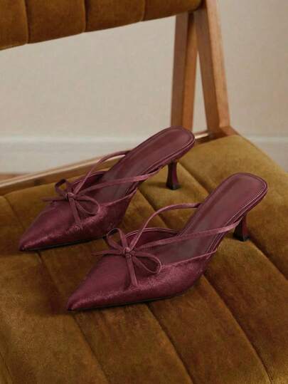 欧美风格女士穆勒鞋，蝴蝶结装饰，尖头，一脚蹬，低鞋面，镶边工艺，高跟，适合秋季情人节