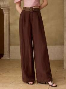 PREMIUM WOMEN'S HIGH WAIST WIDE LEG LINEN PANTS, SPRING/SUMMER - Brown - View 4