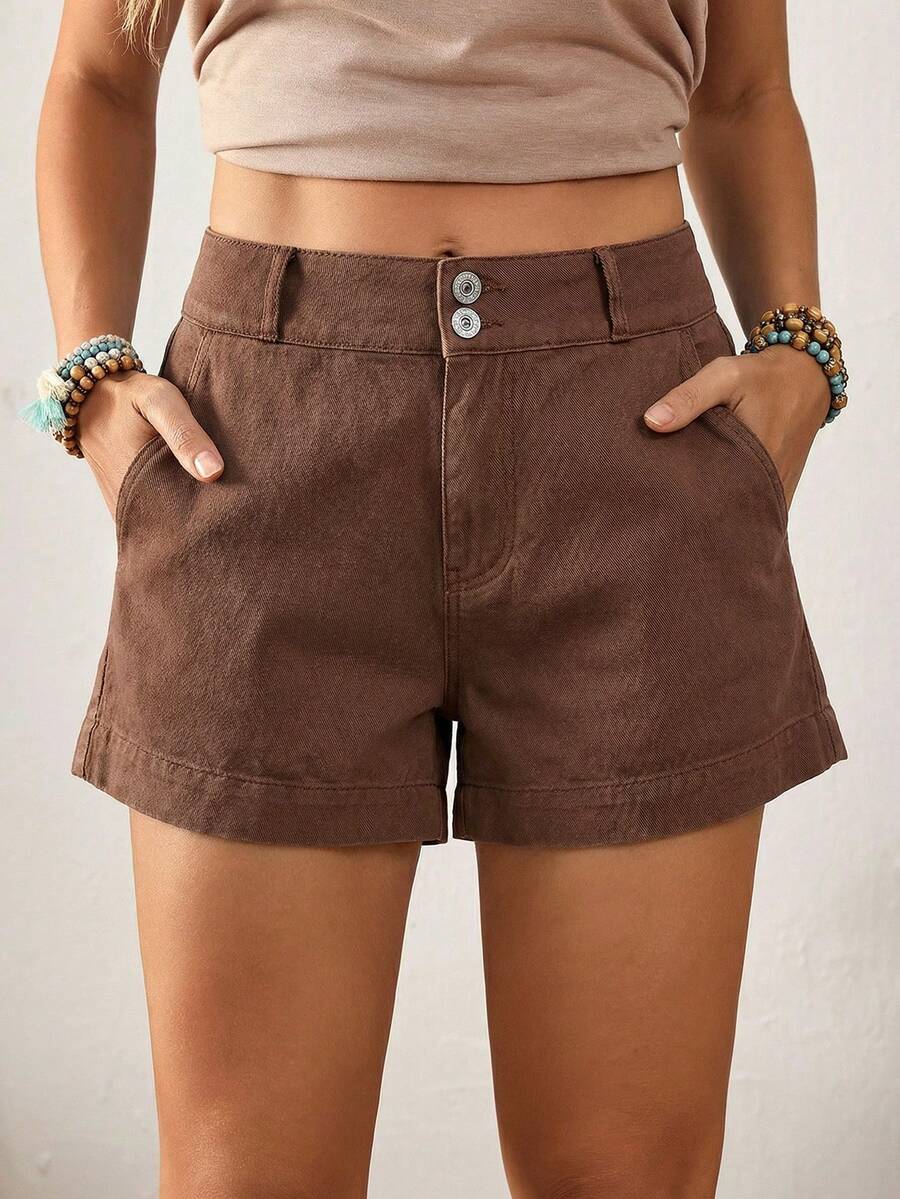 EMERY ROSE Quần short denim mùa hè màu trơn cỡ lớn, kiểu dáng tối giản, có túi. - Cà phê nâu - Xem 1