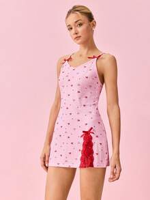 Bonmuse Camisón de mujer con estampado de corazón y lazo de jacquard tejido, con parches de encaje y abertura alta - Rosa - Ver 3
