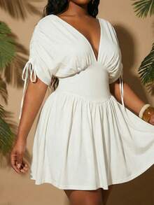 Radiana Plus Size Women's White Summer Beach Party Formal Vacation Evening Dinner Drop Shoulder Cinched Waist Ruffle Hem Mini Dress, Elegant Romantic - White - View 2