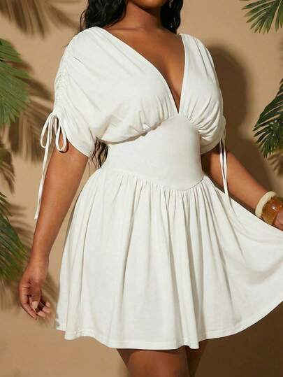 Radiana Plus Size Women's Spring/Summer Fashionable Casual Sexy Elegant Vacation Series Drop Shoulder Drawstring Waist Ruffle Hem Mini Dress, Suitable For Everyday Wear, Music Festival, Versatile, Coachella, BOHO, Bohemian, Outing, Resort, Beach Vacation, Holiday, Seaside, Western Wear, Concert, Carnival Party, Richly Layered, Date Night, Ibiza, Nashville, Break, Modest, Chic, Club, Cute, Casual, Shopping, Streetwear, Going Out, , Easy To Match & Looks Slim, Accent Your Body, Flatter The Figure Yisikado