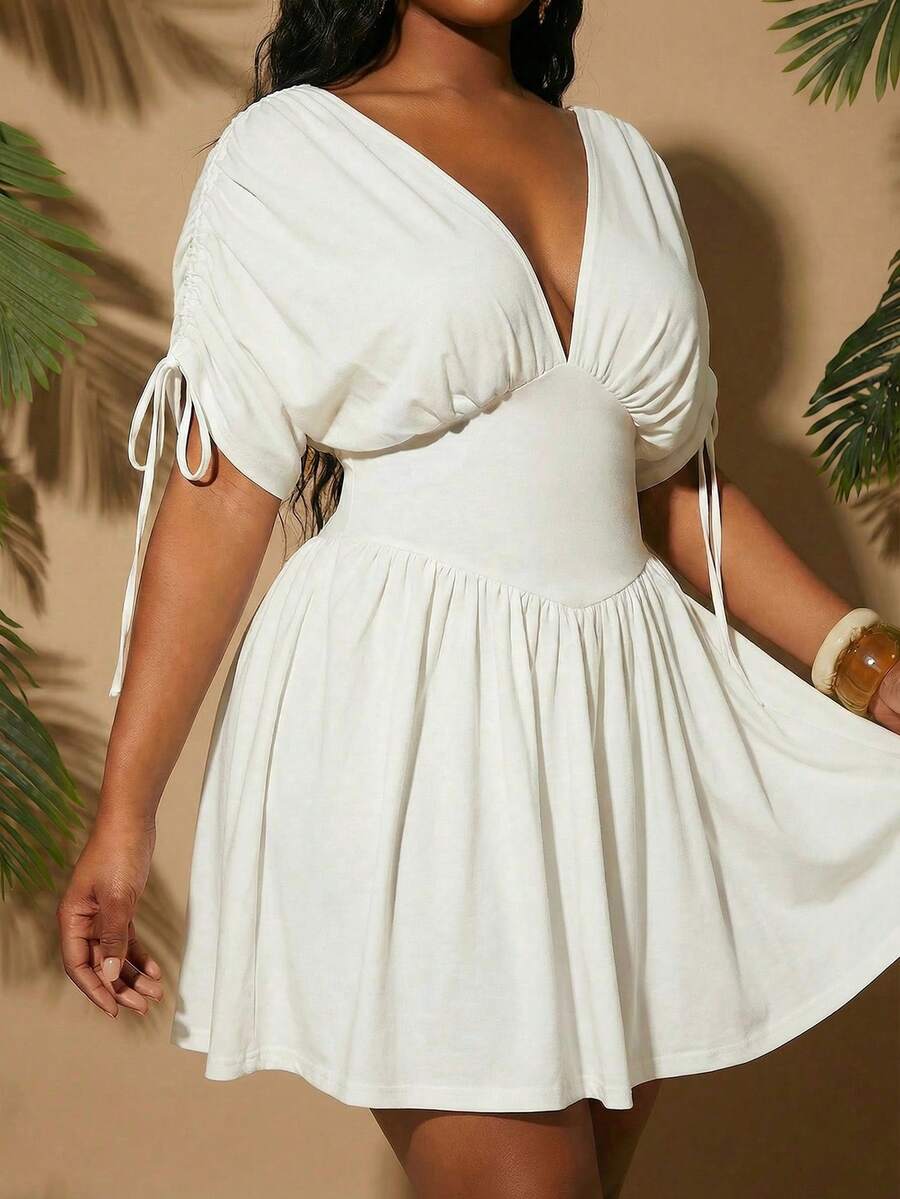 Radiana Plus Size Women's White Summer Beach Party Formal Vacation Evening Dinner Drop Shoulder Cinched Waist Ruffle Hem Mini Dress, Elegant Romantic