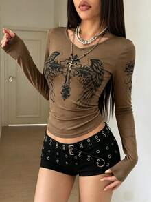 StreetHx 十字印花V领薄款长袖T恤，朋克风格 - 摩卡棕 - 查看 1