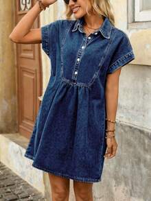 Breezaya Denim Collared Dress For Women, Fashionable Distressed Look, Flattering - Dark Wash - View 5