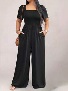 SHEIN PETITE CURVE Plus Size Summer Short Sleeve Square Neck Solid Color Jumpsuit, Casual Versatile High Waist Wide Leg - Black - View 4