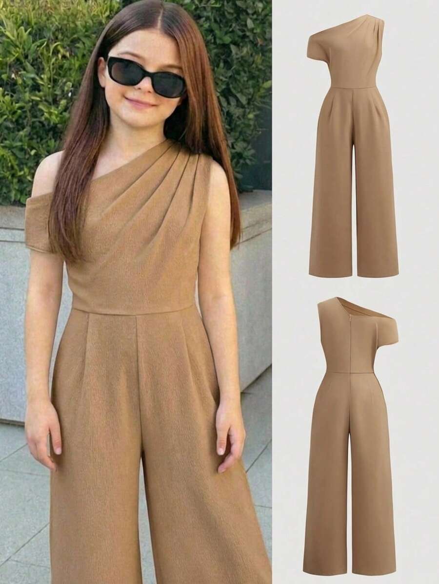 Firerie Kids Bộ áo liền quần dáng rộng, thanh lịch, không đối xứng, dành cho bé gái tuổi teen, thích hợp mặc đi làm hàng ngày, màu kaki. - Màu Khaki - Xem 1