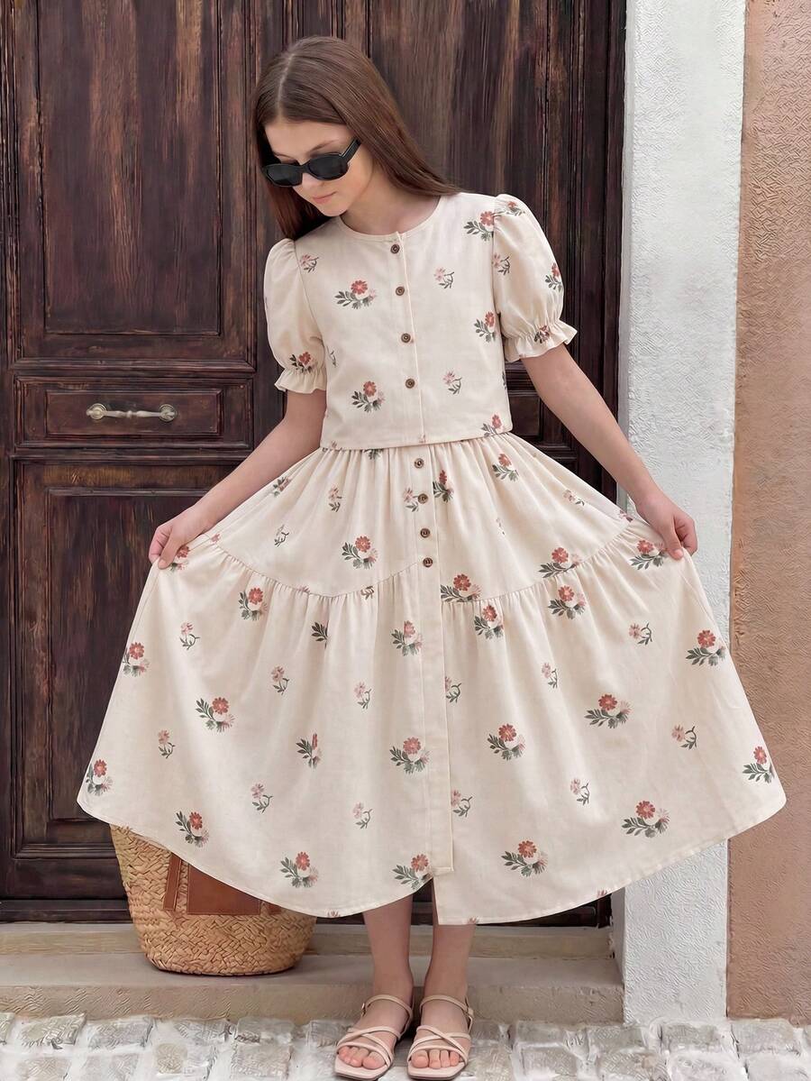 两件套：印花泡泡袖衬衫和不对称纽扣半身裙，舒适百搭，适合度假或日常穿着，春夏皆宜。 - 杏色 - 查看 1