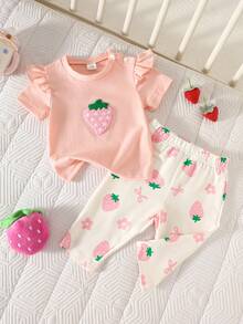 SHEIN 0-9M Nou-născut Fetiță Casual Versatil Confortabil Drăguț Dulce Guler Rotund Mânecă Scurt T-shirt + Pantaloni Set, Model Bebeluș Ținută, Set de vară pentru bebeluși Fetiță, Haine Comfortwear Potrivite pentru vară - Baby Pink - Vizualizare 3