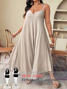 SHEIN PETITE CURVE 大码女式卡其色编织V领系带宽松纹理休闲连体裤，轻松夏日度假风 - 卡其色 - 查看 6