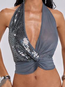 ROMWE Spring/Summer Y2K Retro Glitter Contrast Mesh Deep Draped Neck Draped Neck Tank Top For Women - Grey - View 3