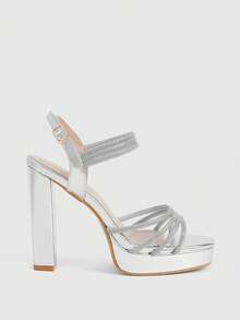 CUCCOO LuxiPop 夏季女士凉鞋配旗袍鞋，2025新款镶钻高跟厚底防水桌鞋 - 銀色 - 查看 1