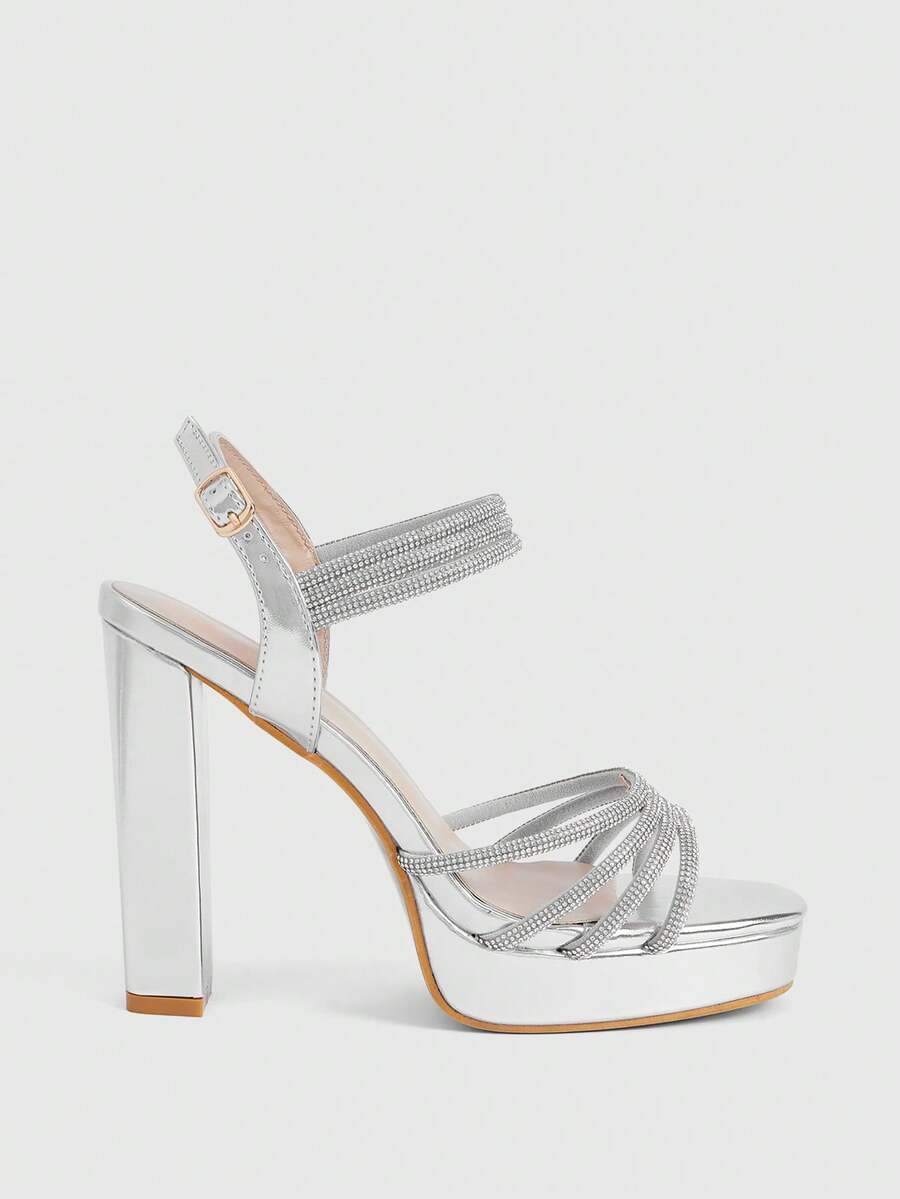 CUCCOO LuxiPop 夏季女士凉鞋配旗袍鞋，2025新款镶钻高跟厚底防水桌鞋 - 銀色 - 查看 1