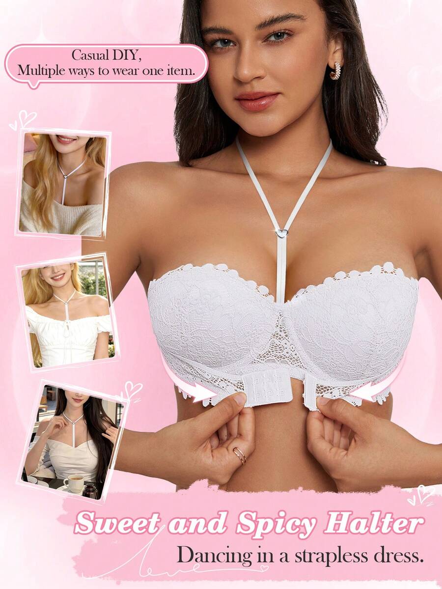1pc Women's White Underwire Lace Halter Front Closure Padded Bra