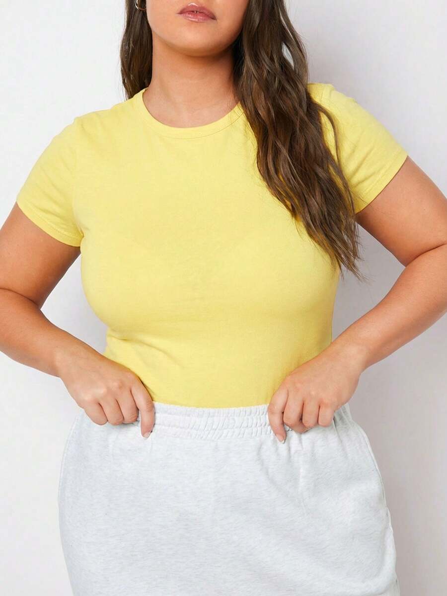 SHEIN BASICS 大码女式纯色圆领短袖休闲百搭T恤