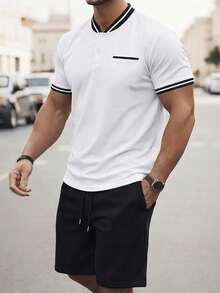 Manfinity Homme 男士短袖棒球领Polo衫套装，适合居家、外出和聚会穿着 - 黑與白 - 查看 8