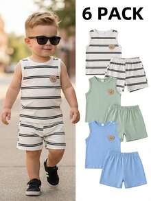 SHEIN Playful Pals 3件套男婴/男女通用婴儿幼儿新生儿0-3岁条纹纯色三件套：圆领无袖小熊刺绣背心和短裤，休闲可爱夏季亲子装 - 彩色 - 查看 10