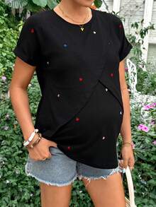 SHEIN Maternity Black Casual Everyday Embroidered Heart-Patterned Cross-Over Top,Summer Breastfeeding T Shirt Blouse,Modern Outfits For Pregnant Women - Black - View 5