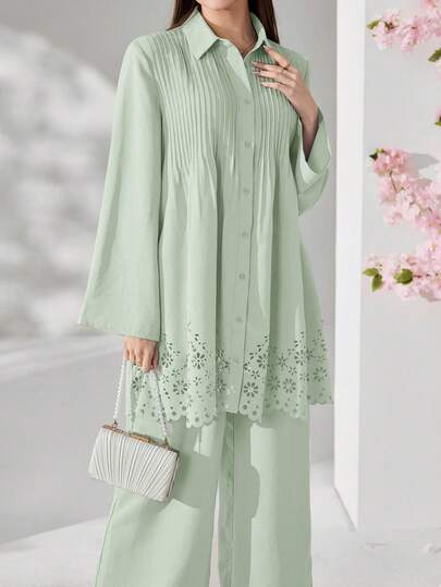 Veilorie Bộ áo sơ mi nữ màu trơn, tay dài, vai thường, xếp ly, cài cúc phía trước, kiểu dáng thanh lịch, thích hợp cho mùa hè.