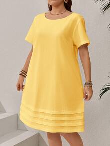 Rosumi Vestido casual de manga corta de unicolor para vacaciones de talla grande, atuendos de verano para mujer/verano, ropa de mujer para vacaciones tropicales - amarillo ganso - Ver 5