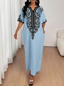 SHEIN Lady Đầm nữ in hoa cổ chữ V tay cánh dơi có túi, kiểu dáng đi nghỉ mát. - Màu xanh nhạt - Xem 6