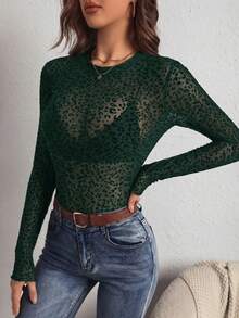 SHEIN PETITE CURVE 大码女式豹纹性感透视圆领休闲上衣 - 綠色 - 查看 7