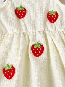 SHEIN 女婴无袖草莓印花纹理面料连体衣，夏季 - 杏色 - 查看 7