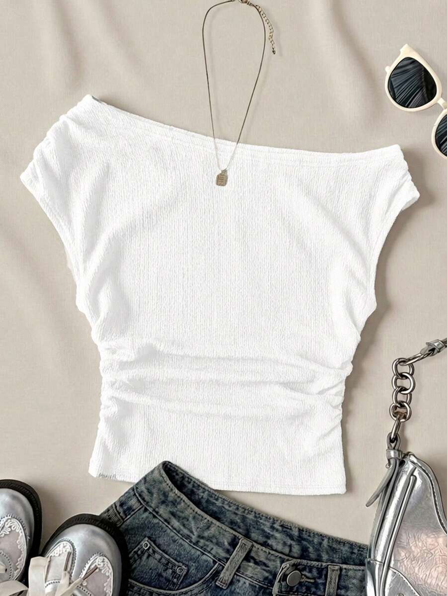 Teen Girls' White Knit Casual Minimalist Polka Dot Print Asymmetric Ruched Cropped Top,Suitable For Spring/Summer,Personalized Styling,Daily Wear - White - View 1