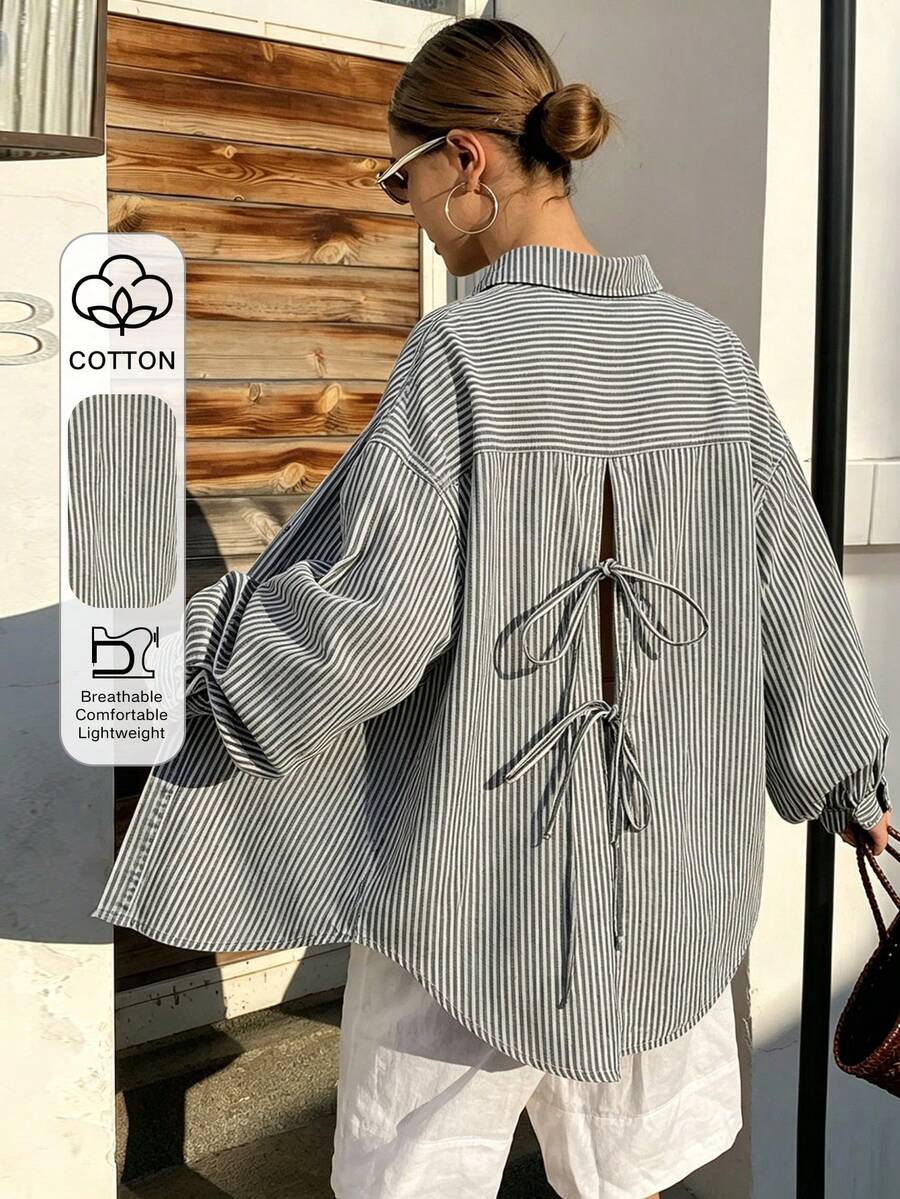Áo sơ mi denim dáng rộng thoải mái, kiểu dáng đi nghỉ mát, thắt nơ, áo khoác denim nữ, mùa xuân & hè. - Màu xanh lam - Xem 1