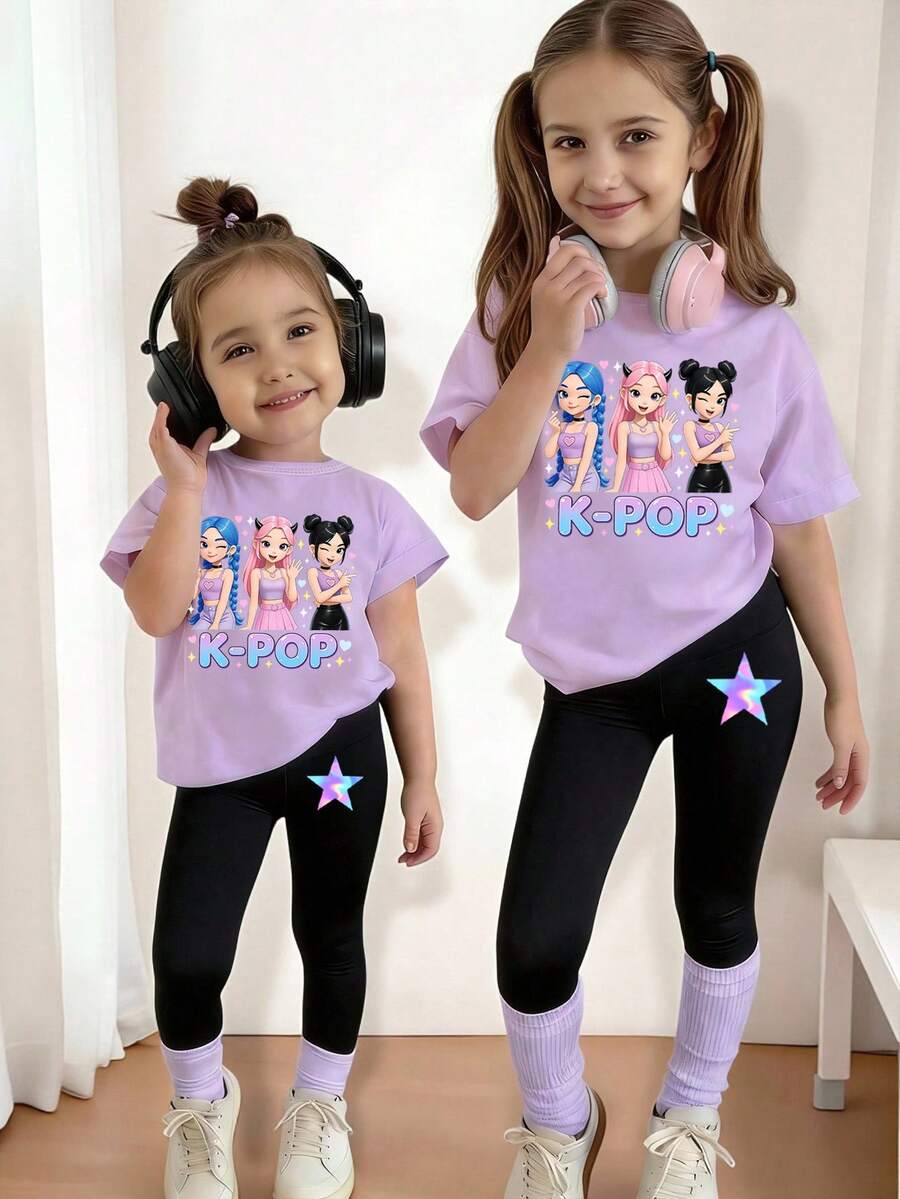 SHEIN 少女春夏休闲时尚创意个性清新简约酷炫虚拟少女团体彩色五角星爱心图案字母标语印花舒适基础款短袖T恤和打底裤套装,适合女孩氛围穿搭,舒适的夏秋风格 - 彩色 - 查看 1