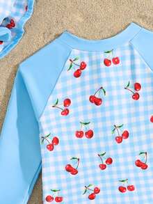 Sparklyn Baby Girls Cute Elastic Pink Contrast Cherry Print Ruffle Trim Long Sleeve - Blue - View 5