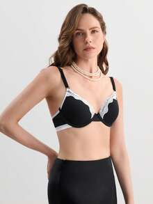 Hourtrue Sujetador de encaje con aros de alambre con elevación & soporte para bustos pequeños para uso diario casual para el verano para el verano - Negro - Ver 6