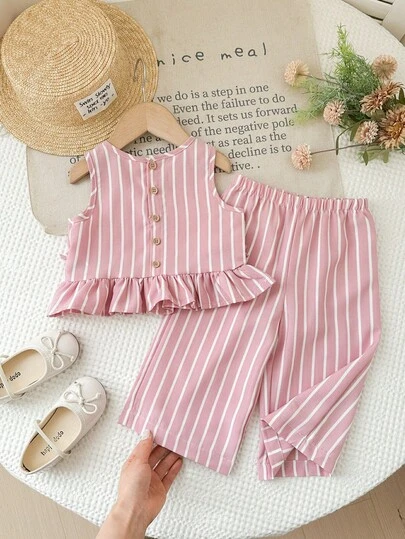 SHEIN LMoss Kids 2pcs Baby Girl Woven Striped Crew Neck Top And Loose Casual Pants Set