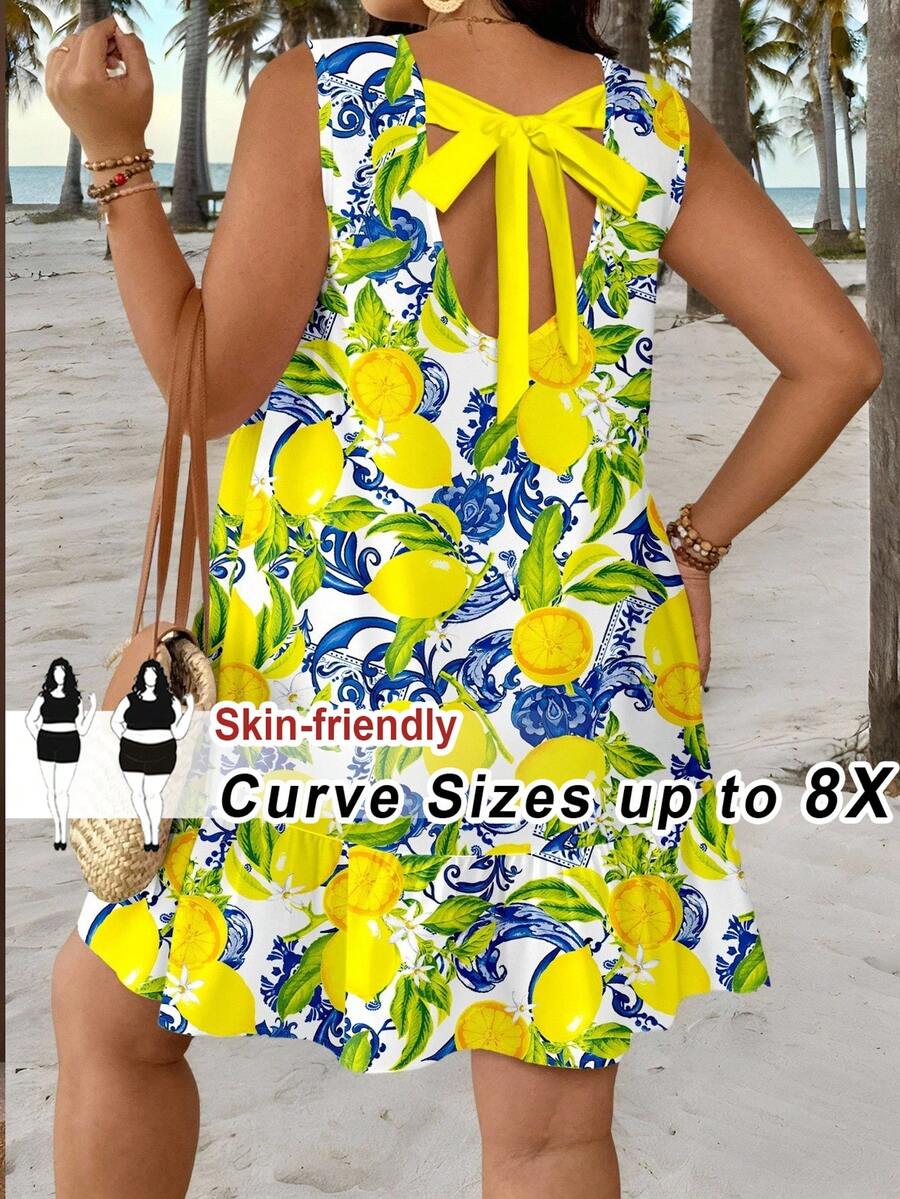 SHEIN CURVE+ 大码女式节日复古假日风法式夏季清新可爱柠檬图案印花系带无袖休闲连衣裙 - 彩色 - 查看 1