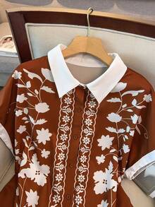 GlowEve CURVE Plus Size Elegant Floral Color Block Shirt, Fitted Slimming Design, Suitable For Daily Commute, Outing, Party And Vacation - Brown - View 3
